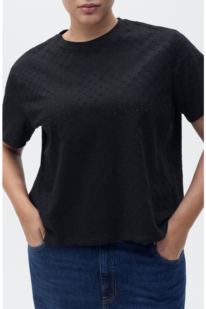 Embroidered Openwork Cotton T-Shirt, Alternate, color, BLACK