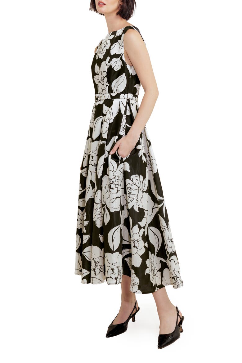 Print Belted Sleeveless Maxi Dress, Alternate, color, BLACK