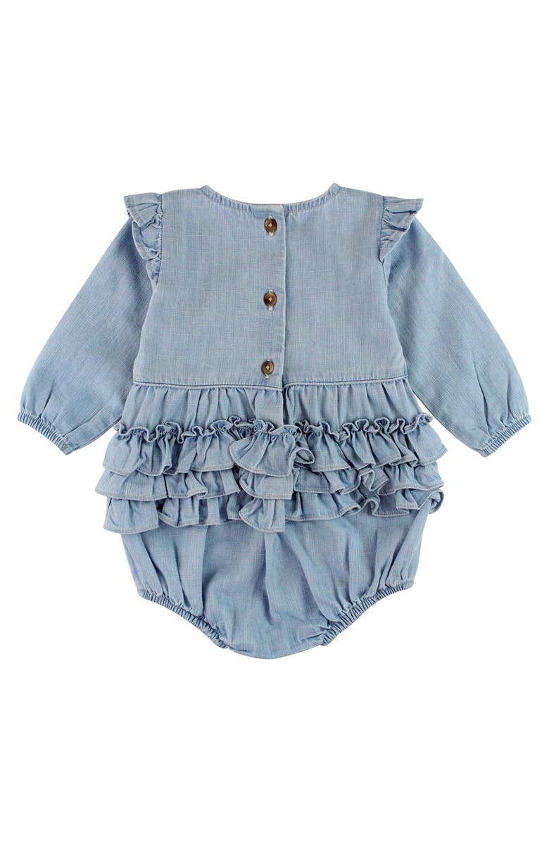 RuffleButts Long Sleeve Flutter Bubble Romper, Alternate, color, Light Wash
