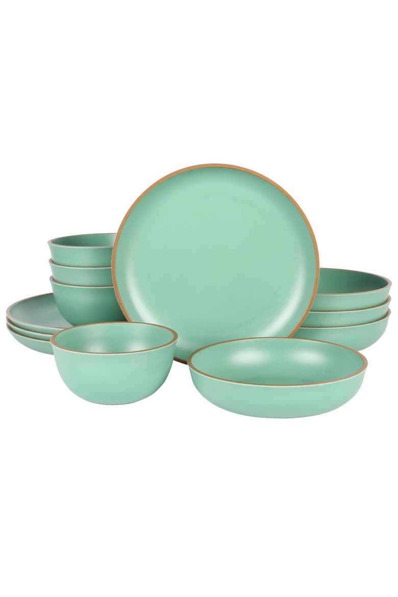 Rockabye 12 Piece Double Bowl Melamine Dinnerware Set, Main, color, Green
