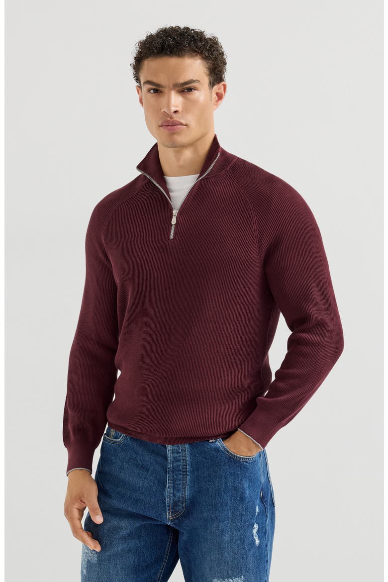 Cotton English rib sweater with half zip and raglan sleeves, Main, color, Burgundy