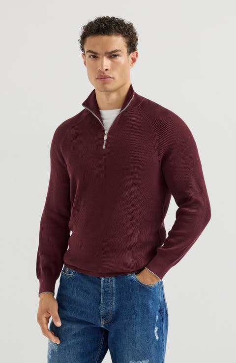 Cotton English rib sweater with half zip and raglan sleeves
