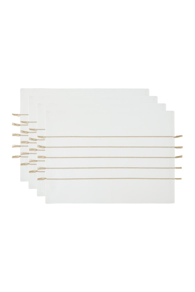 White/Stone Stripe Tassel Placemat Set/4, Main, color, White/Stone