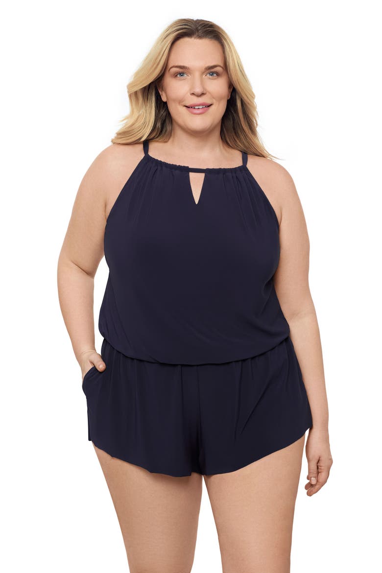 Plus Size Keyhole Blouson Slimming Swimsuit Romper with Pockets, Main, color, True Navy