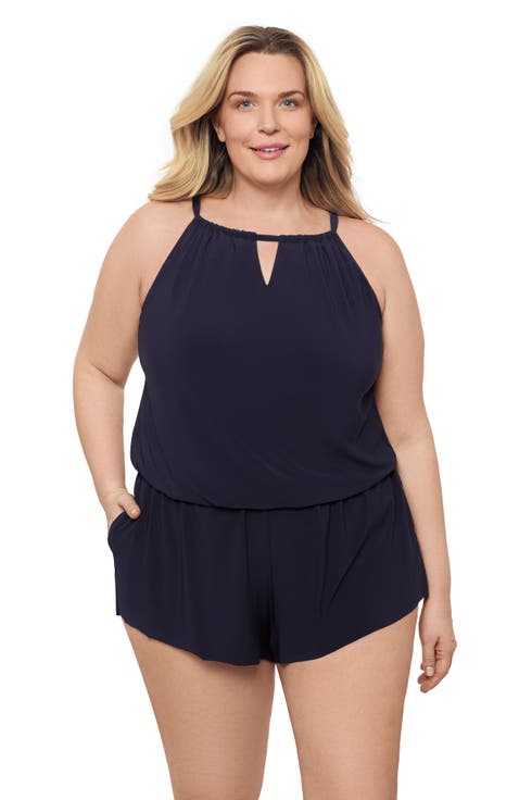 Plus Size Keyhole Blouson Slimming Swimsuit Romper with Pockets