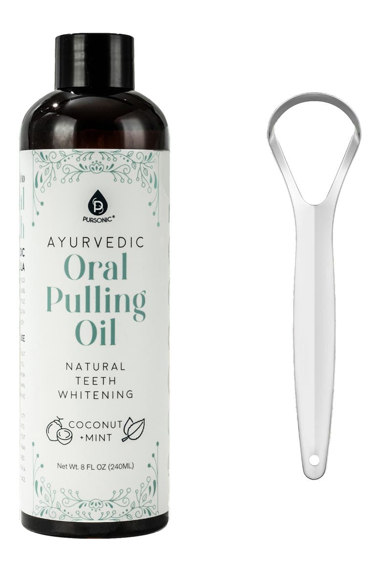 Ayurvedic Oral Pulling Oil & Tongue Scraper Set, Main, color, BROWN