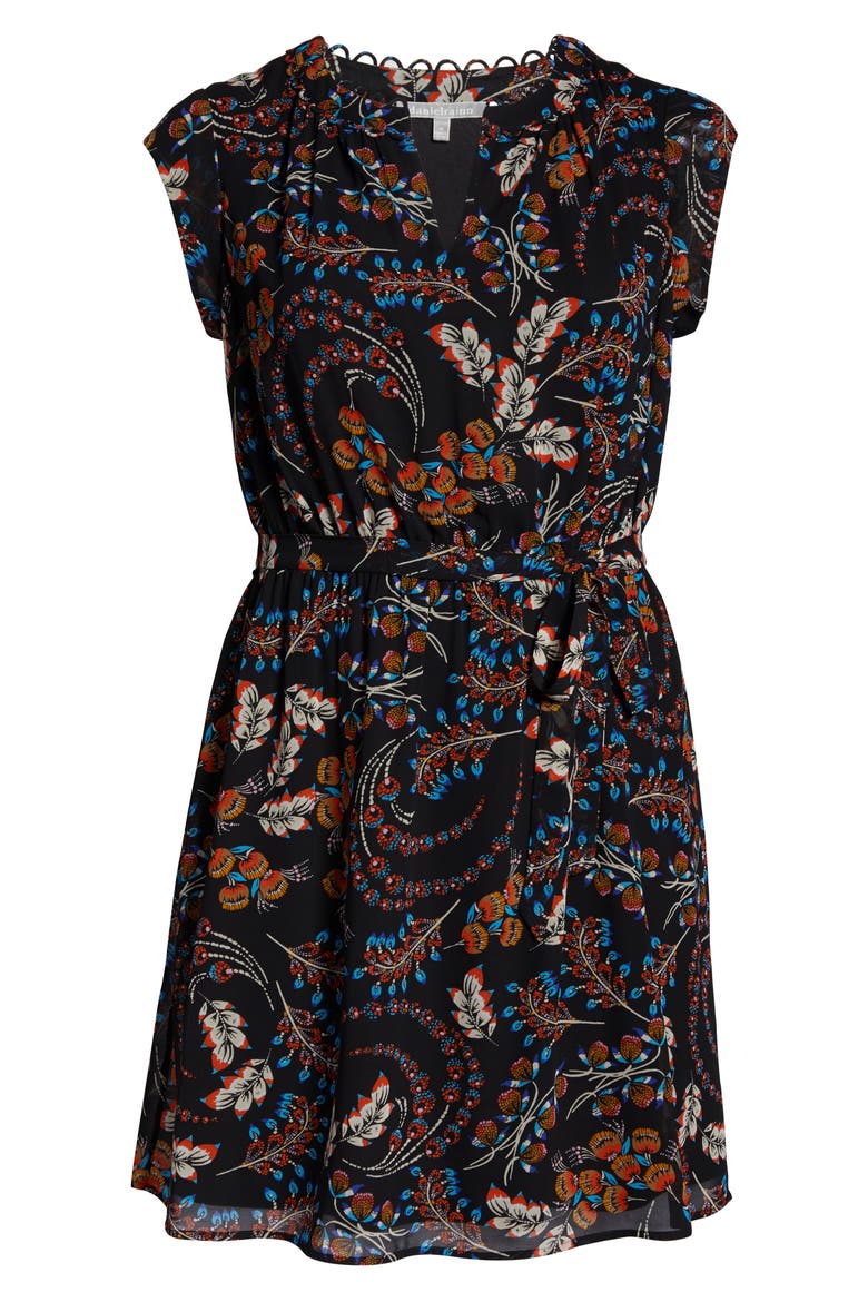 Daniel Rainn Printed Tie Waist Dress, Alternate, color, BLACK