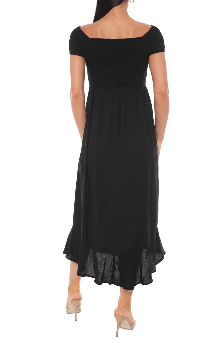 bebe Cap Sleeve Smocked Midi Dress, Alternate, color, Black