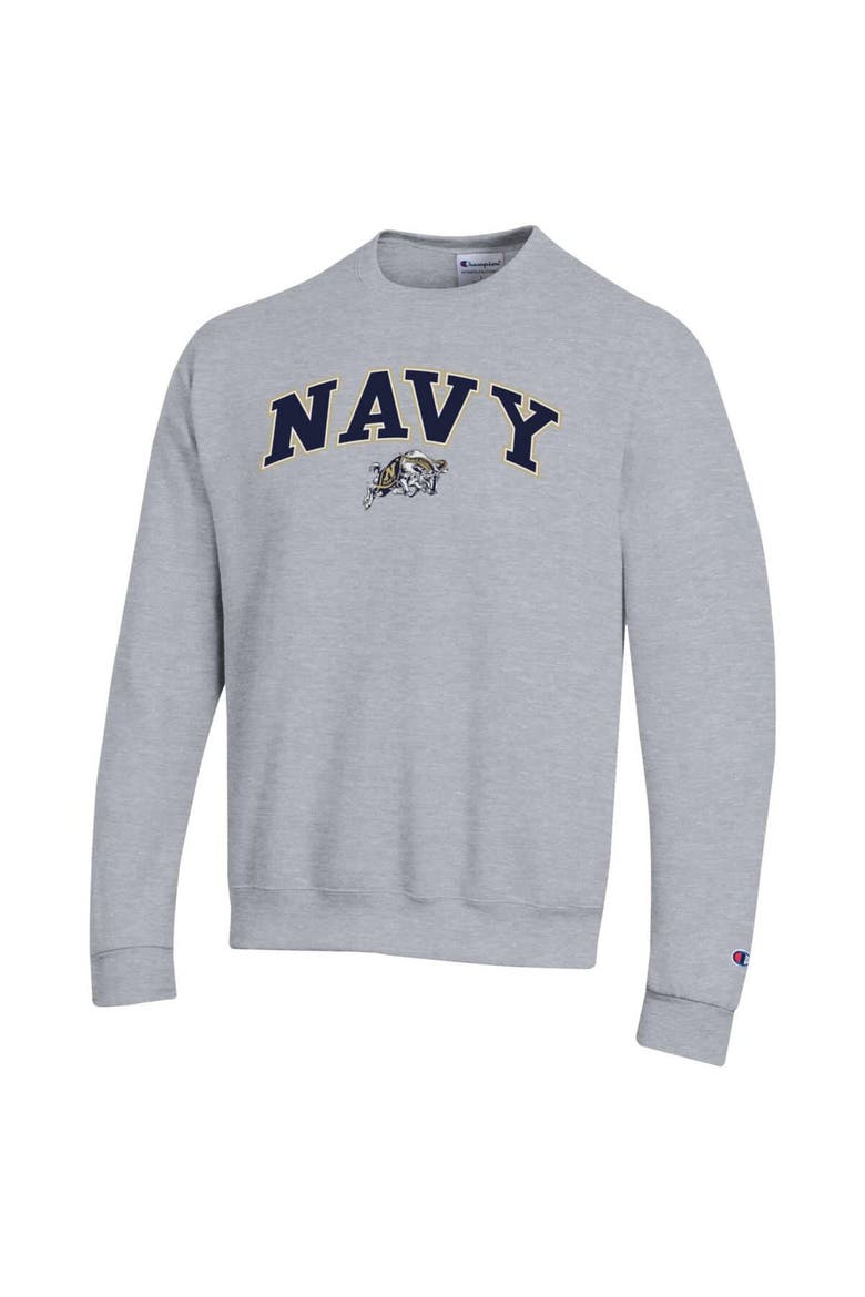 Men's Champion  Heather Gray Navy Midshipmen Arch Over Logo Pullover Sweatshirt, Alternate, color, Heather Gray