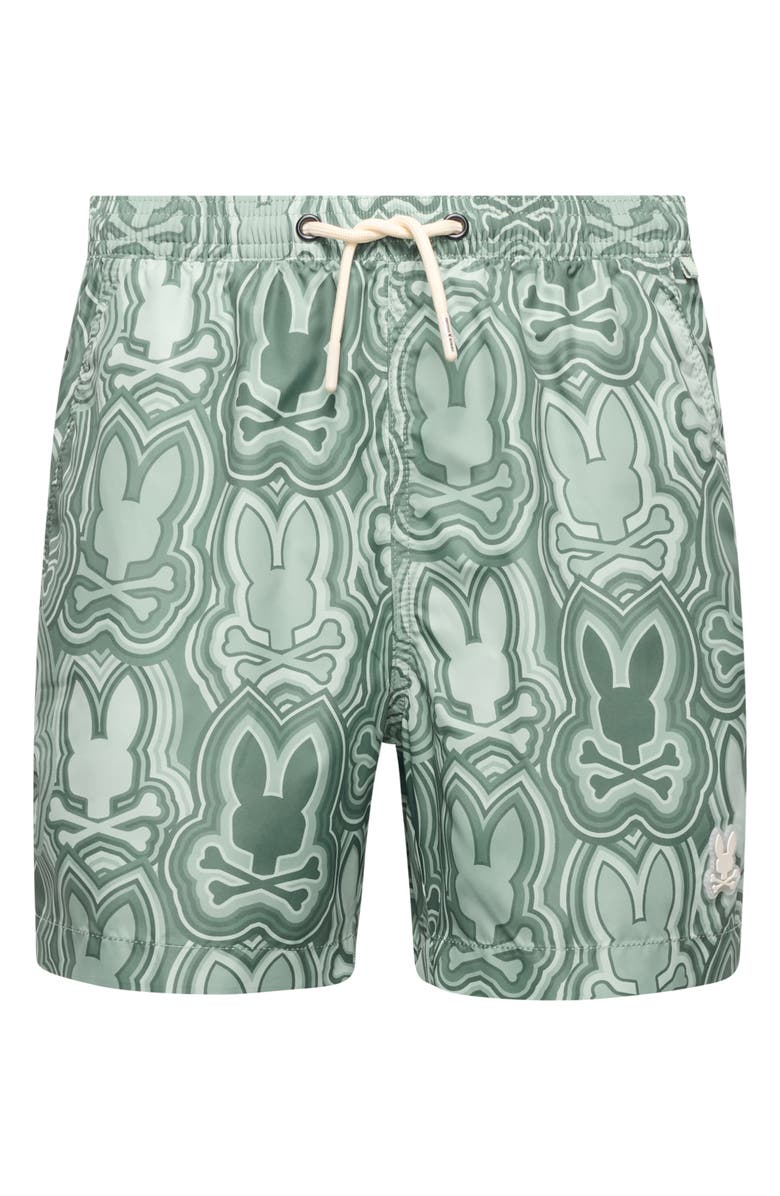 Psycho Bunny Kids' Chuck Print Swim Trunks, Main, color, Iceberg Green