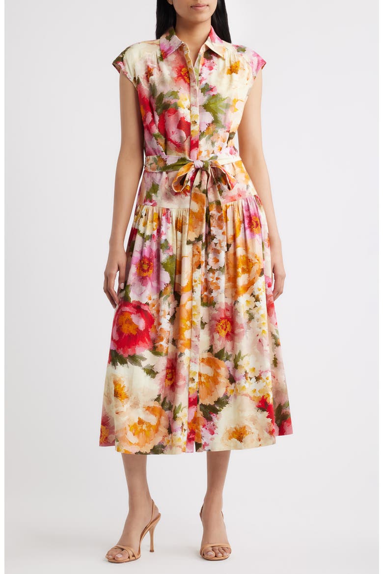 Floral Print Tie Waist Midi Dress, Main, color, IVORY MULTI