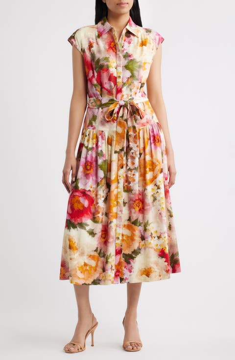 Floral Print Tie Waist Midi Dress