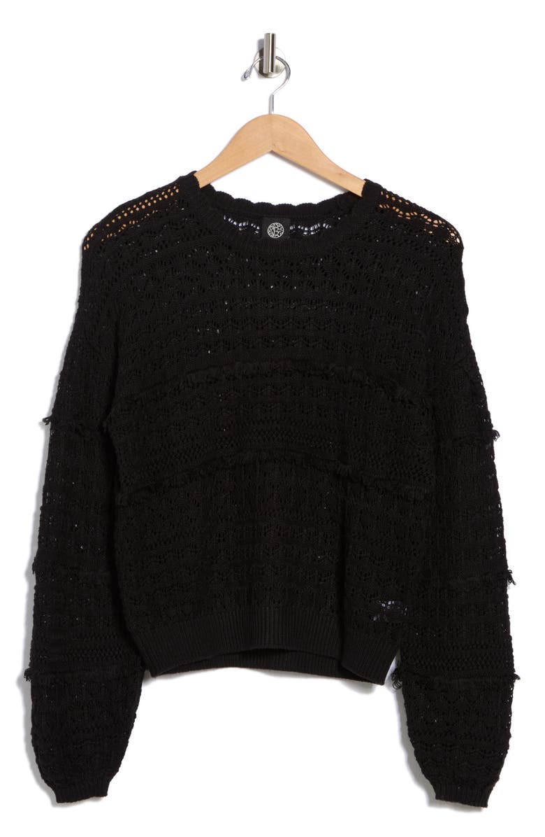 Bobeau Pointelle Fringe Open Knit Sweater, Alternate, color, Black