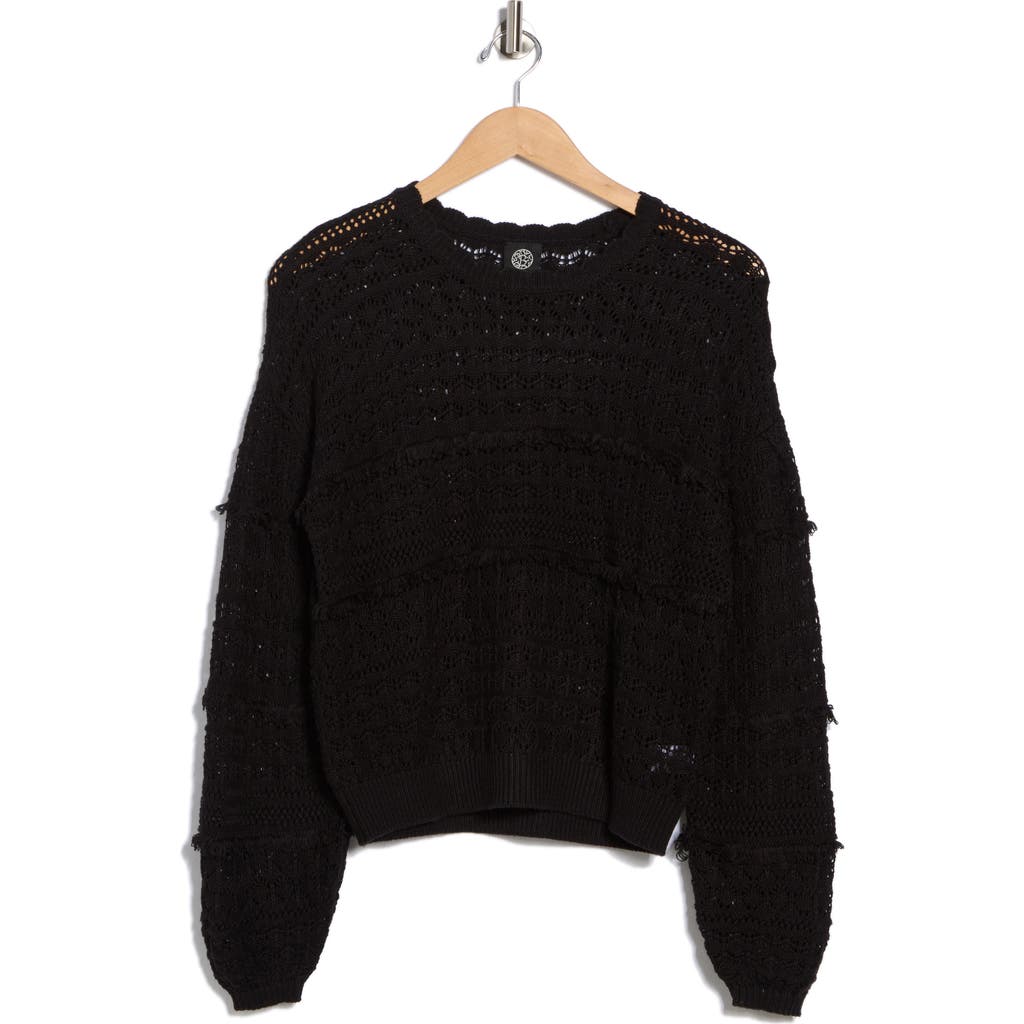 Bobeau Pointelle Fringe Open Knit Sweater In Black