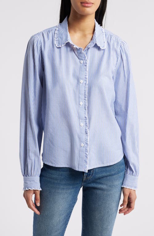 beachlunchlounge Ciara Stripe Ruffle Trim Button-Up Shirt in Sea Floor 