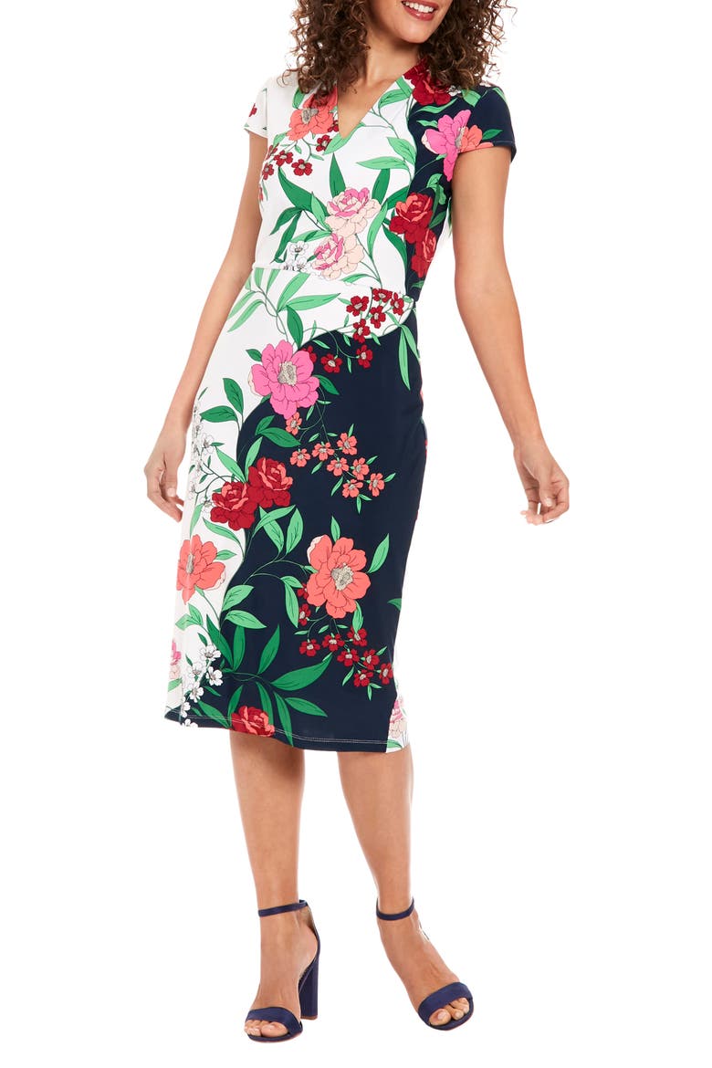 Floral Cap Sleeve Midi Sheath Dress, Alternate, color, NAVY/ IVORY