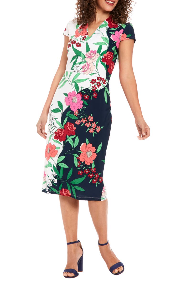 London Times Floral Cap Sleeve Midi Sheath Dress, Alternate, color, Navy/ Ivory