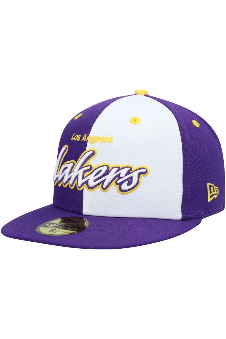 Men's New Era Purple/White Los Angeles Lakers Script Pinwheel 59FIFTY Fitted Hat, Main, color, Purple