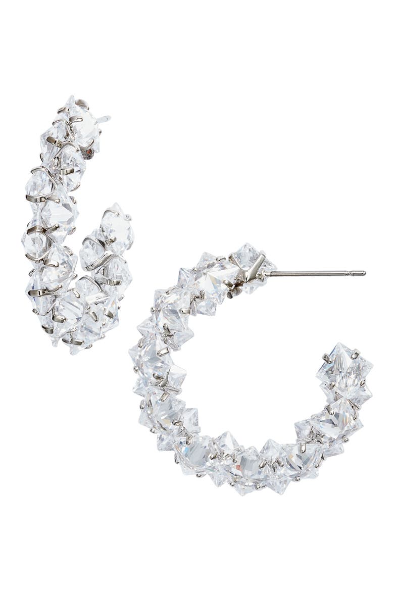 Staggered Cubic Zirconia Pyramid Hoop Earrings, Main, color, CLEAR- RHODIUM
