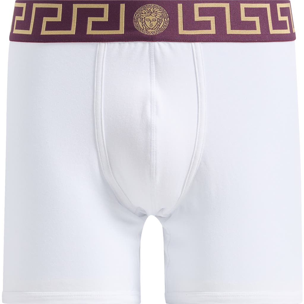 Versace Grecca Band Boxer Briefs In White Dark Aubergine-gold