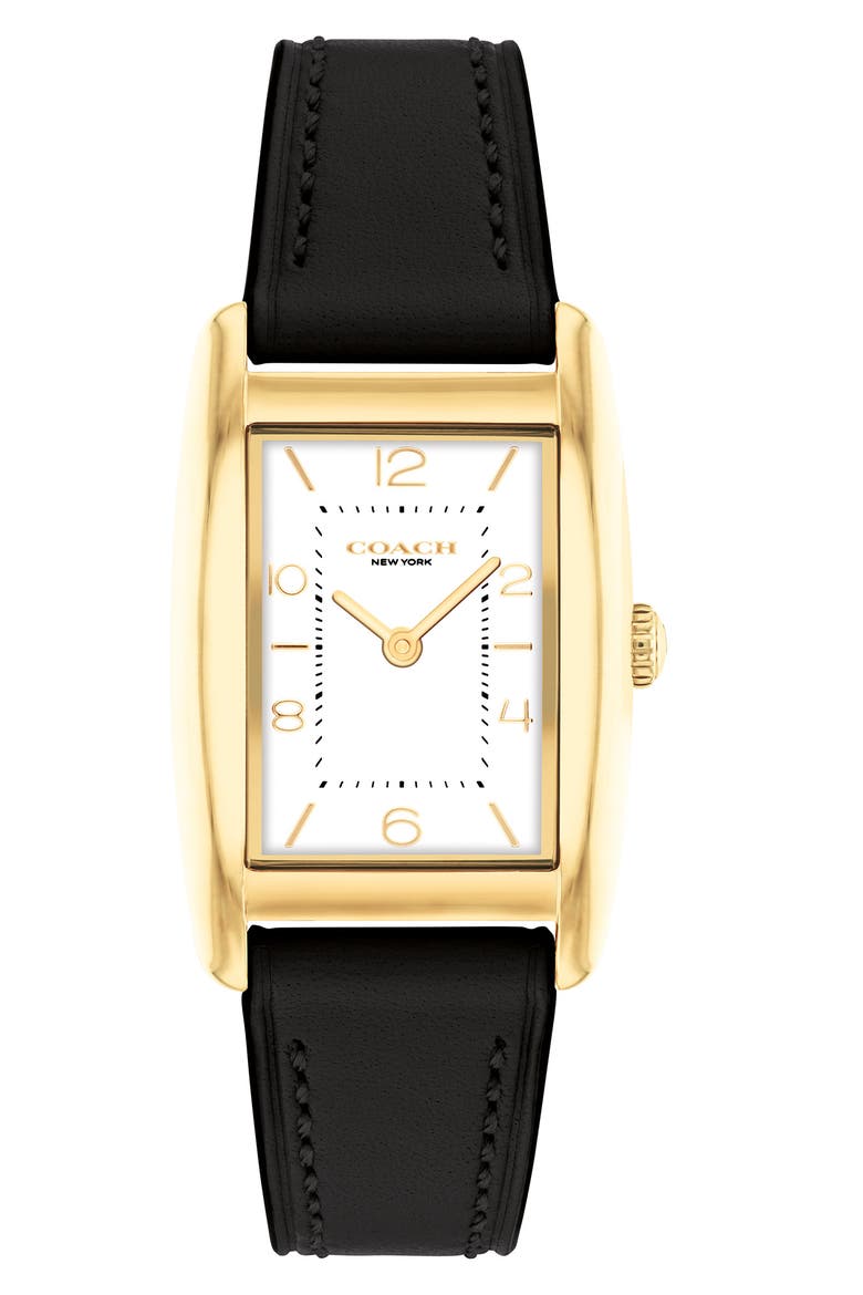 Reese Rectangular Leather Strap Watch, 24mm, Main, color, BLACK