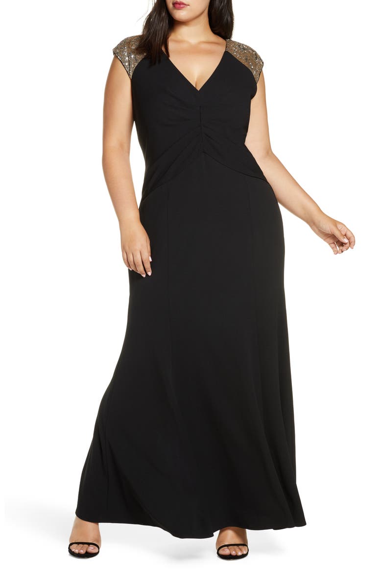 Sequin Yoke Scuba Crepe Trumpet Gown, Main, color, BLACK GOLD