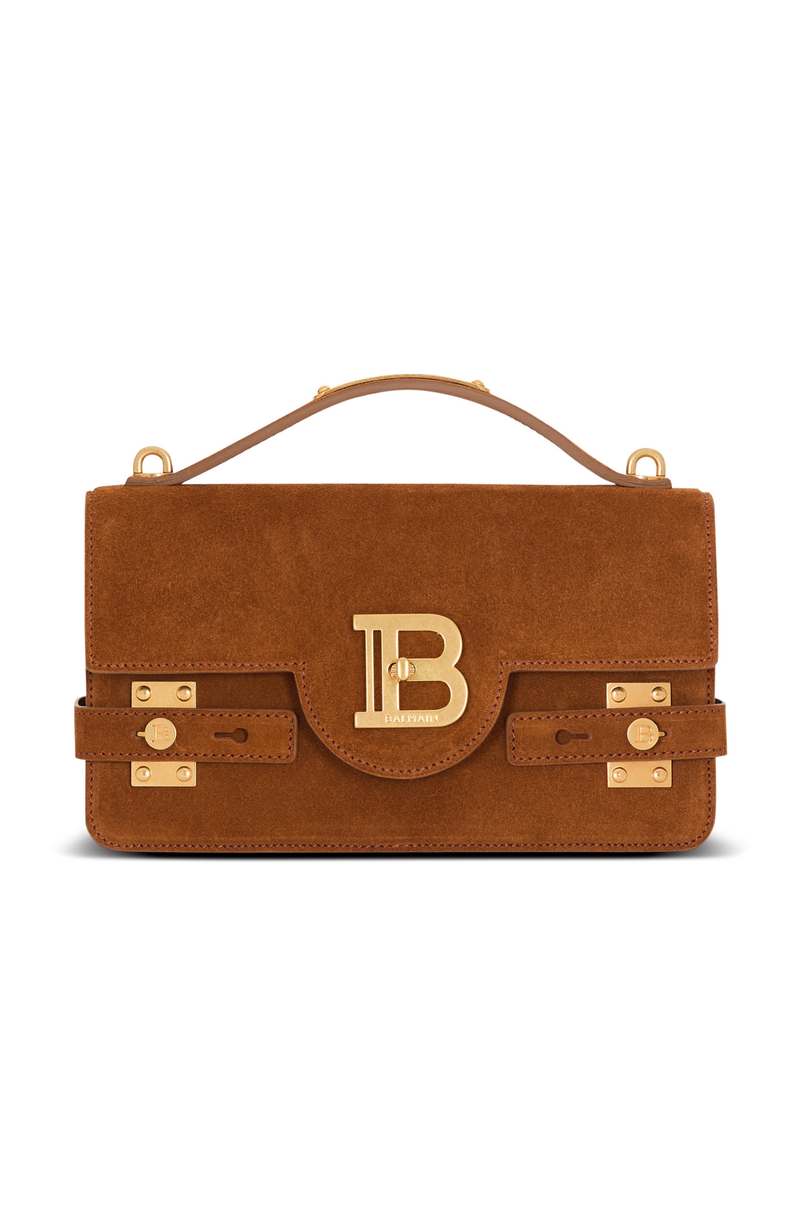 Balmain Suede B-Buzz Shoulder 24 bag, Main, color, Brown