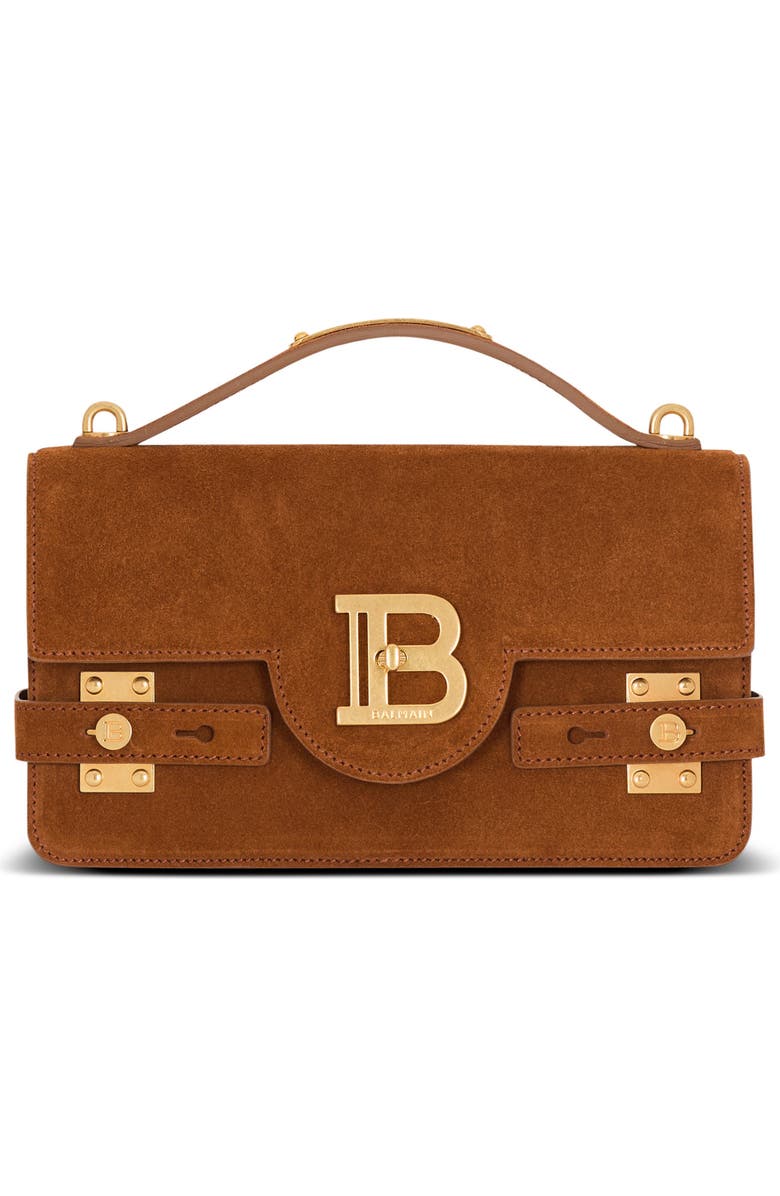 Balmain Suede B-Buzz Shoulder 24 bag, Main, color, Brown