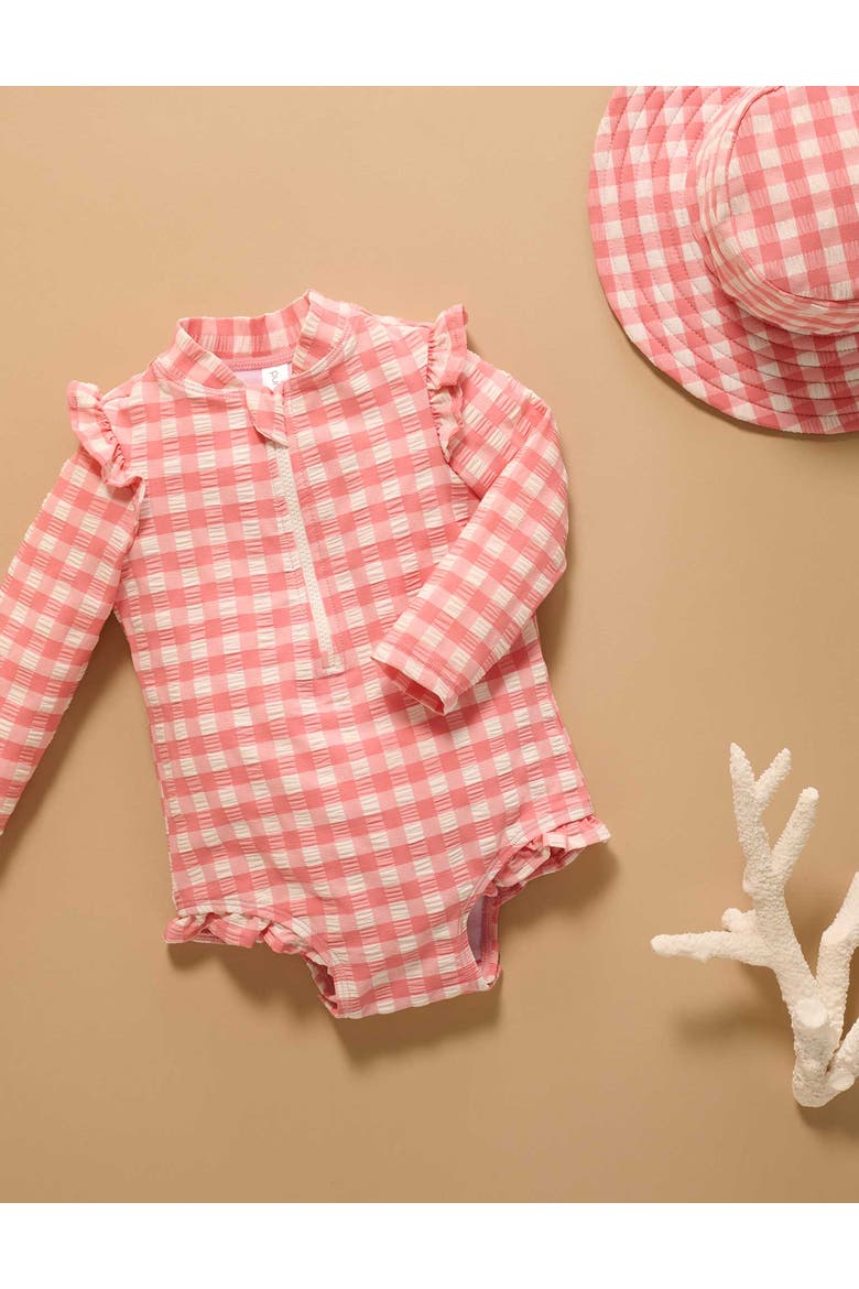 Printed Frilly Longsleeve Swimsuit, Alternate, color, Pomegranate Gingham