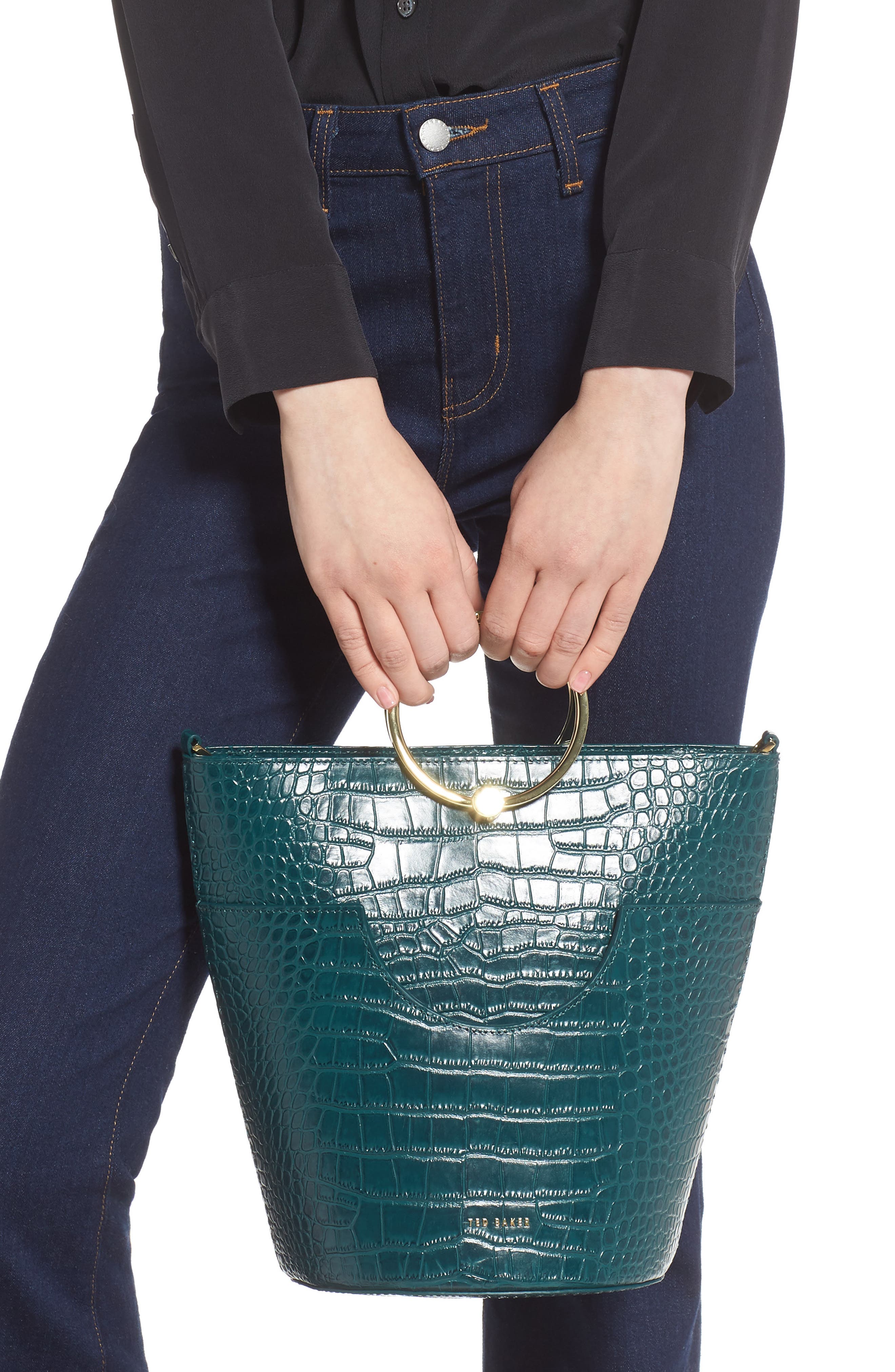 Ted Baker London Ashher Croc Embossed Leather Bucket Bag, Alternate, color, 