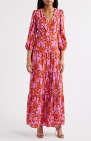 Vince Camuto Print Long Sleeve Ruffle Hem Maxi Dress