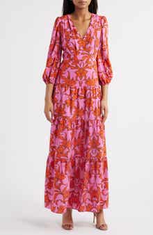 Vince Camuto Print Long Sleeve Ruffle Hem Maxi Dress