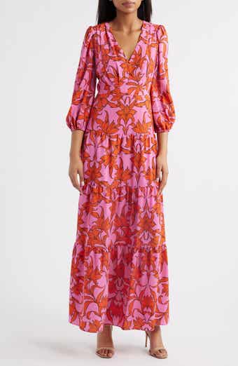Vince Camuto Print Long Sleeve Ruffle Hem Maxi Dress