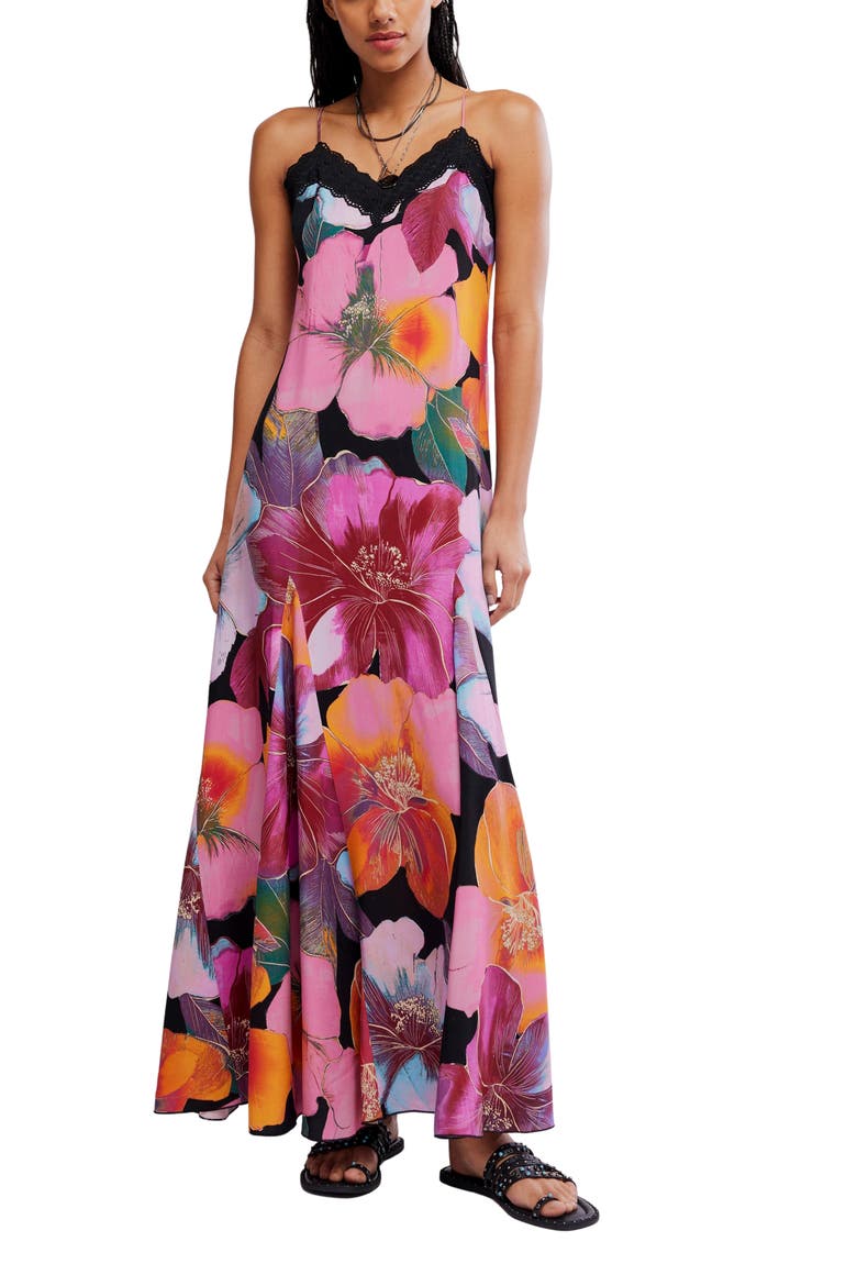 Bloomspell Floral Lace Trim Maxi Dress, Main, color, DESERT ROSE COMBO