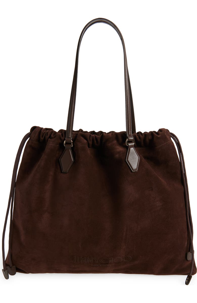 Jimmy Choo Large Drawstring Leather Tote, Main, color, Chocolate/ Light Gold