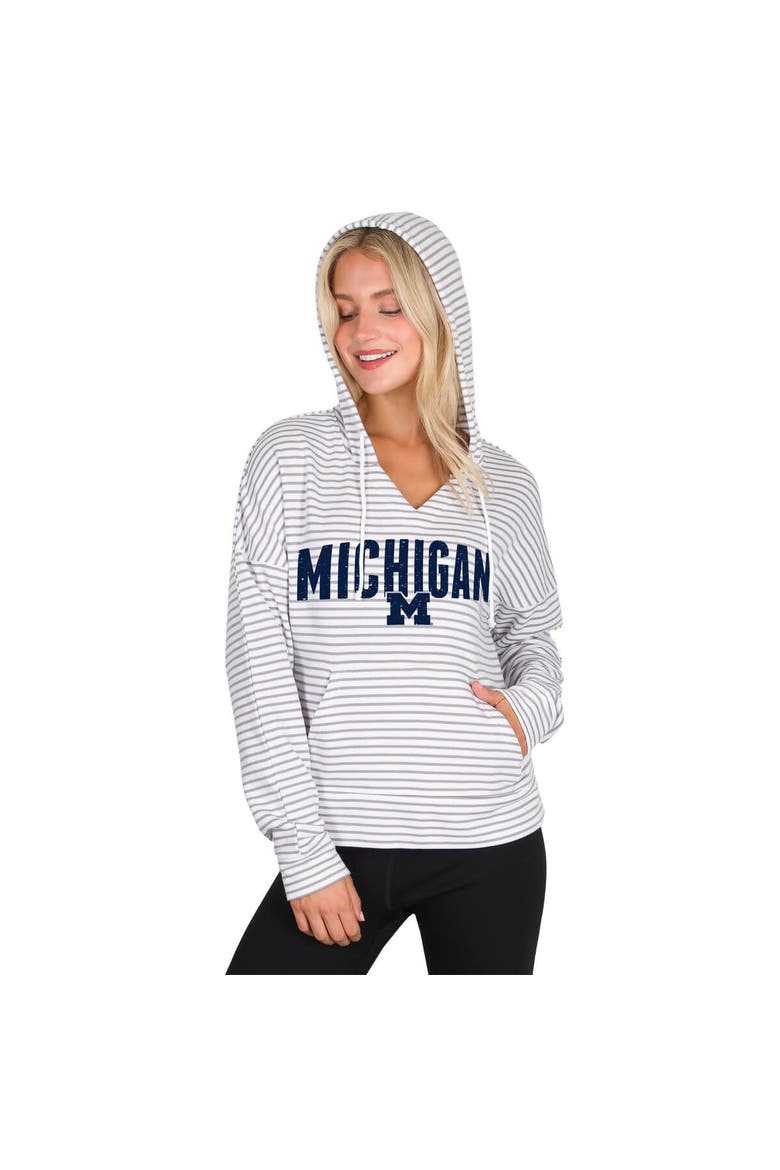Men's Concepts Sport  White/Gray Michigan Wolverines French Terry Striped V-Neck Pullover Hoodie, Main, color, White