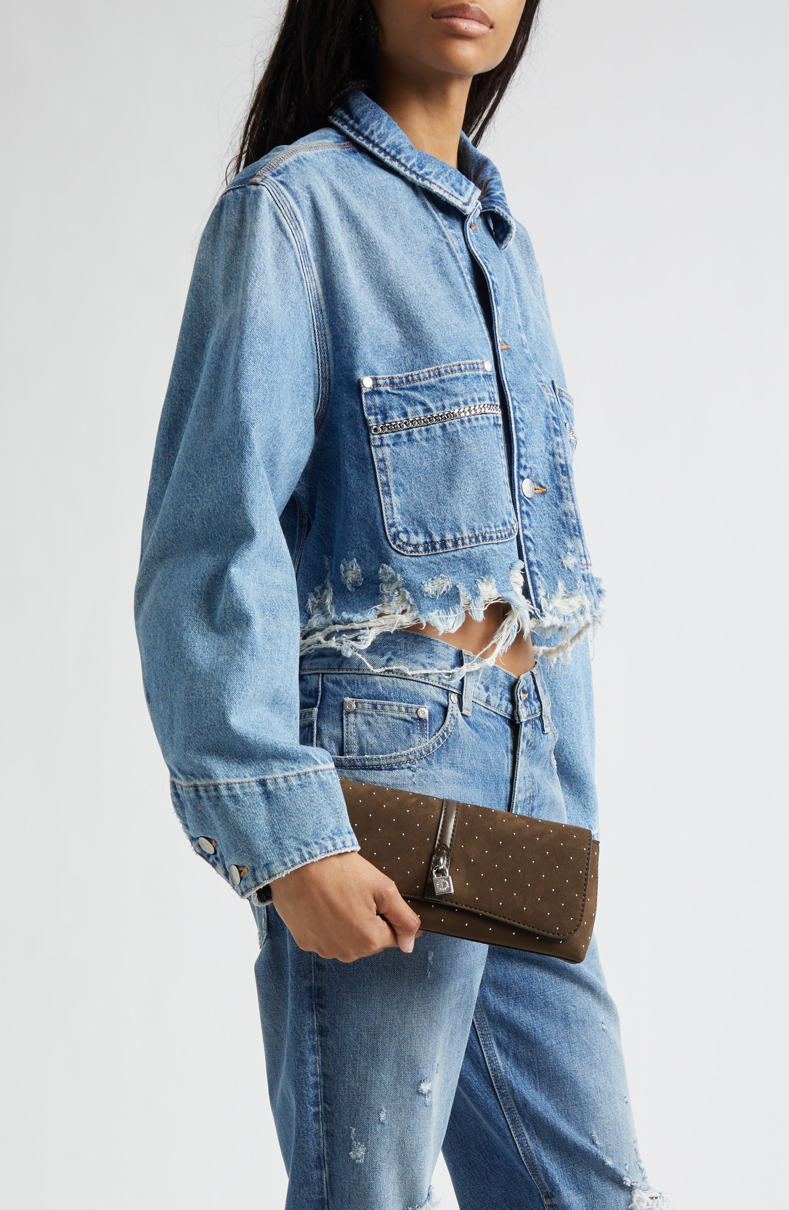 Stella McCartney Ryder Studded Faux Suede Shoulder Bag, Alternate, color, Moka