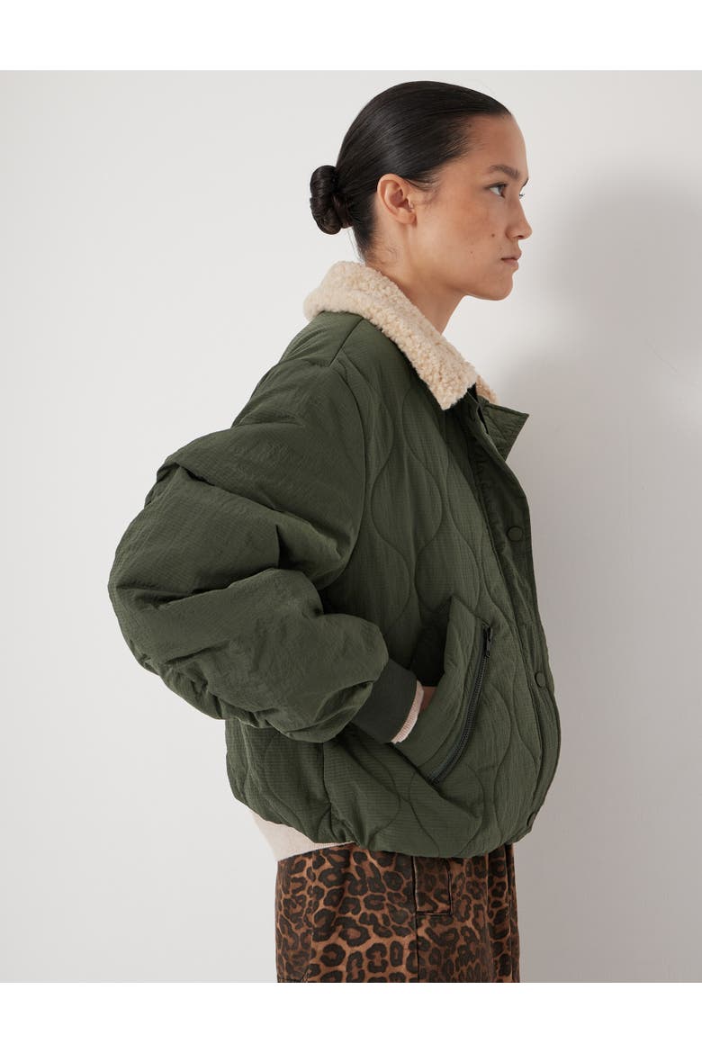Teddy Collar Quilted Bomber, Alternate, color, Grey Green