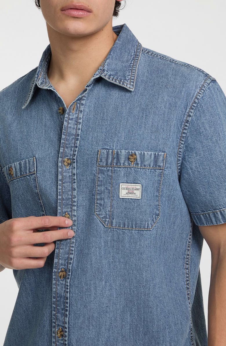 GUESS JEANS Short Sleeve Cotton Denim Button-Up Shirt, Alternate, color, Medium Wash