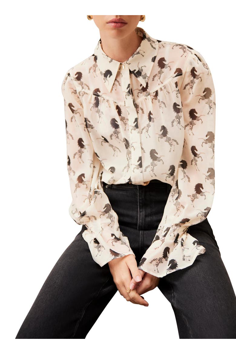 Horse Print Sheer Blouse, Main, color, Cream