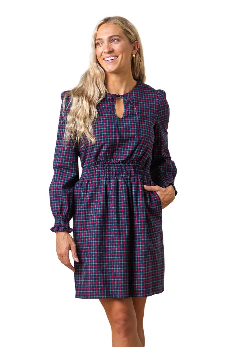 Hope & Henry Women's Smocked Keyhole Dress, Alternate, color, Navy Holiday Check