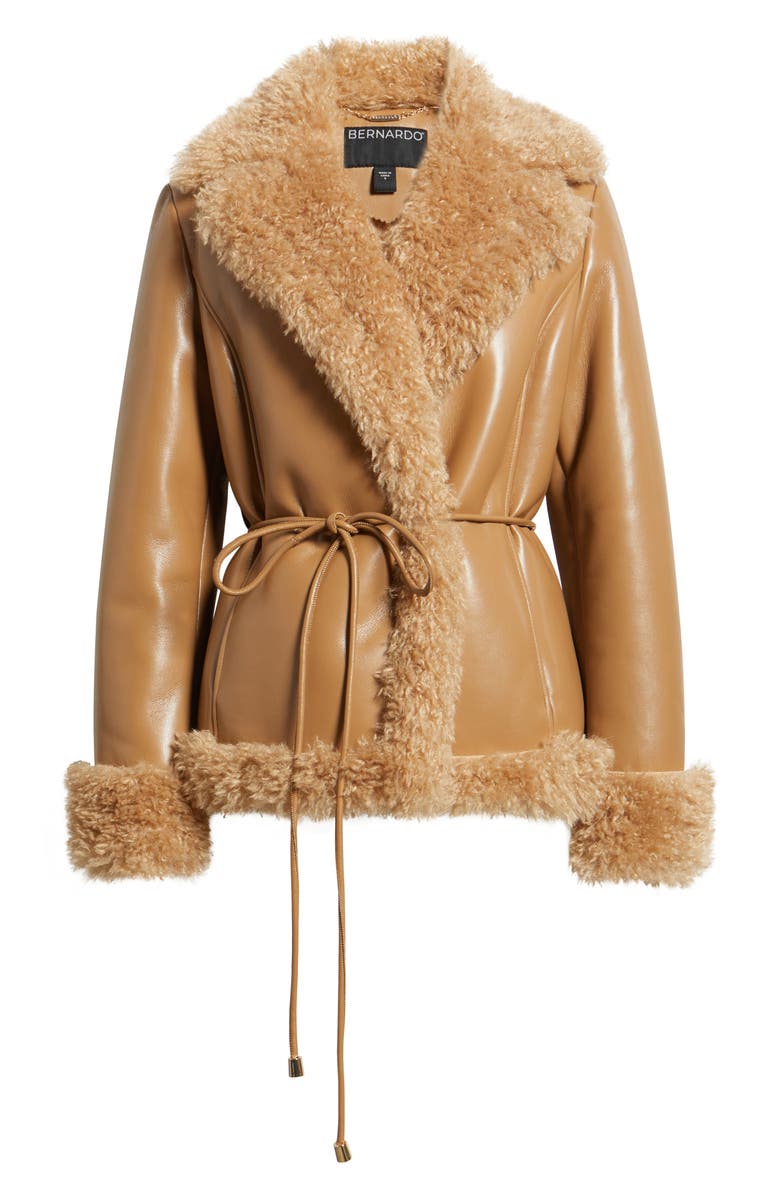 Bernardo Faux Shearling Wrap Coat, Alternate, color, Tan