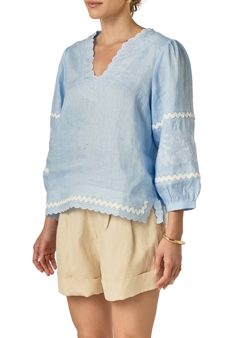Rickrack Trim Embroidered Balloon Sleeve Linen Top, Alternate, color, POWDER BLUE