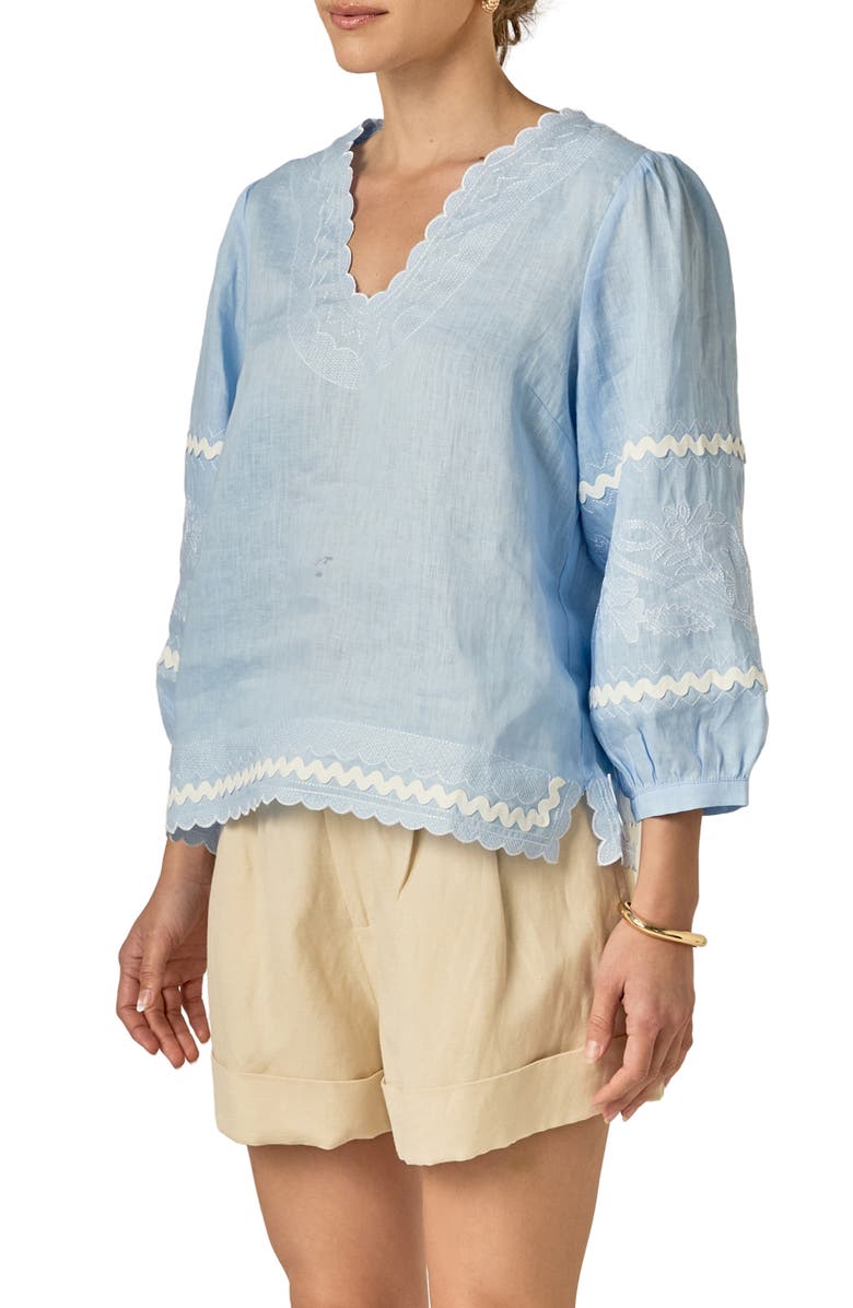 English Factory Rickrack Trim Embroidered Balloon Sleeve Linen Top, Alternate, color,