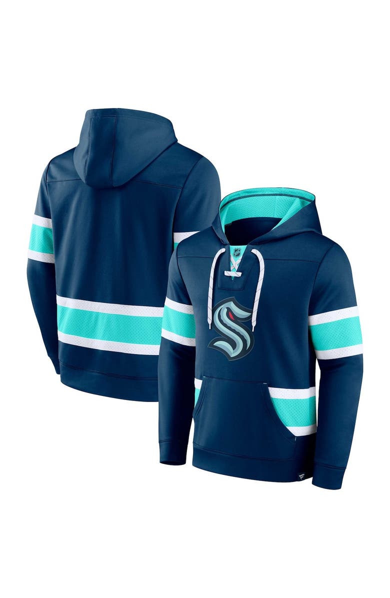 FANATICS Men's Fanatics Branded Deep Sea Blue Seattle Kraken Powerplay Warrior Pullover Hoodie, Main, color, Navy