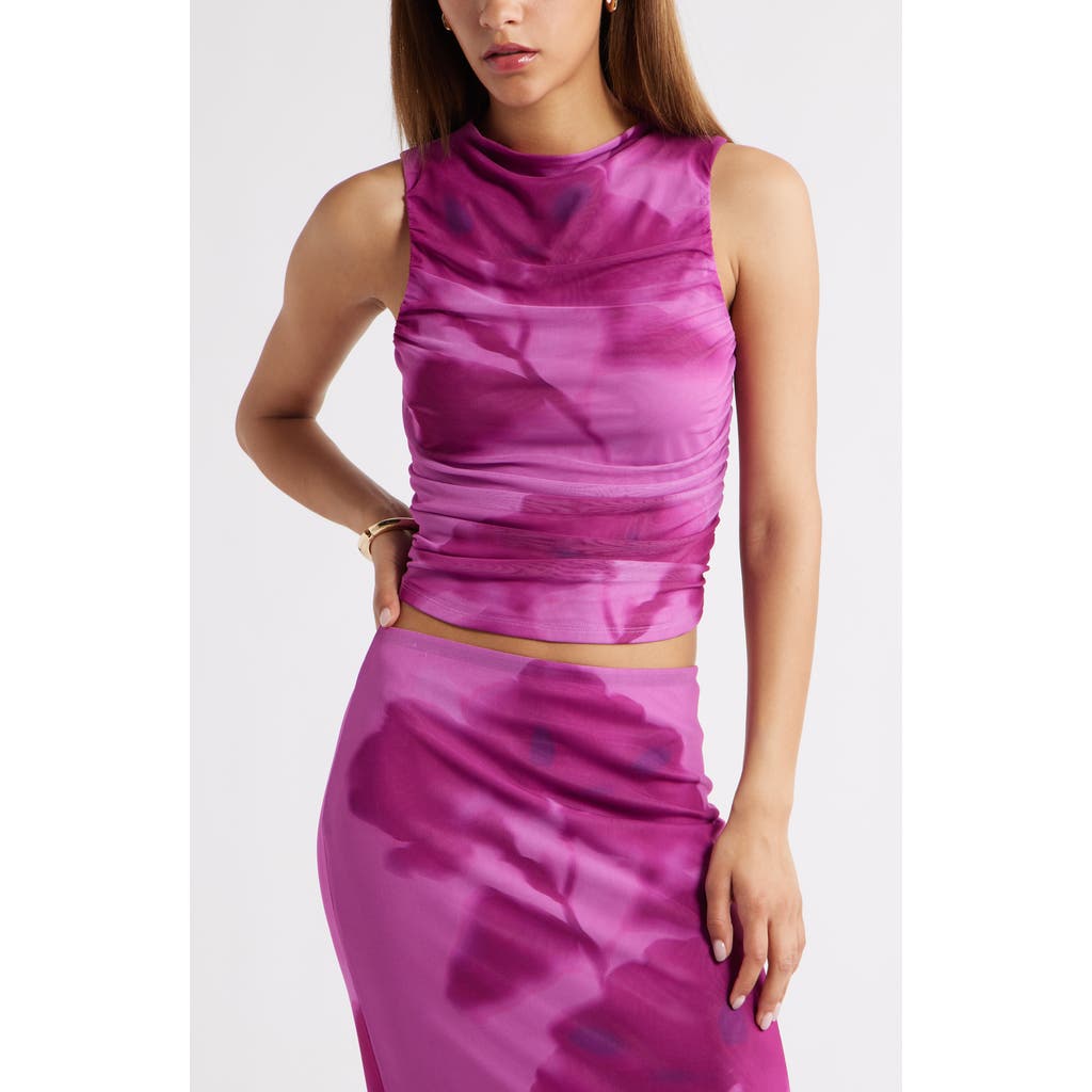 Open Edit Ruched Mesh Tank Top In Pink