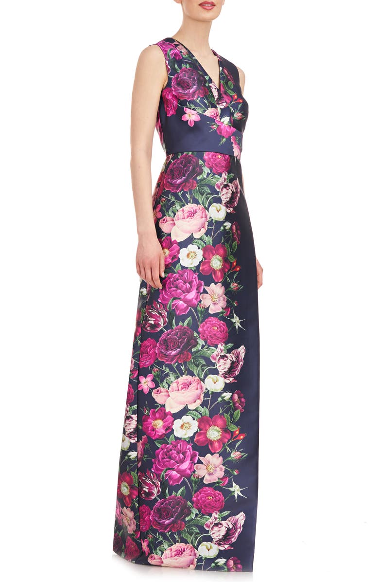 Kay Unger Coraline Floral Faux Wrap Sheath Gown, Alternate, color, Dark Midnight