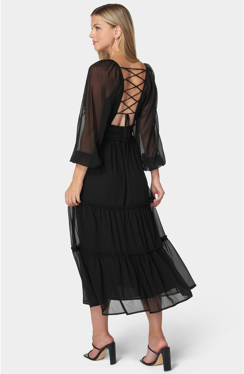 bebe Lace Up Back Chiffon Midi Dress, Alternate, color, Black