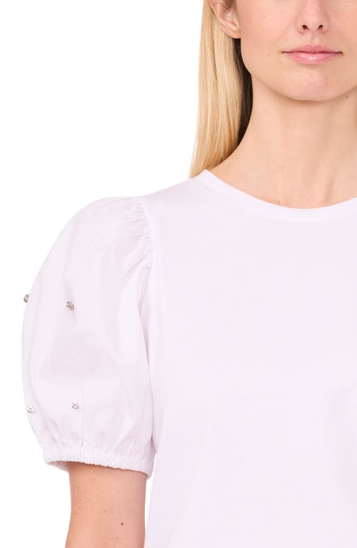 Cece Embellished Puff Sleeve Mixed Media Top In White