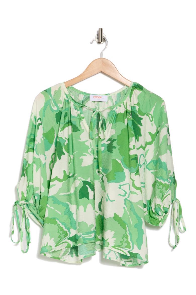 Floral Puff Sleeve Blouse, Alternate, color, GREEN